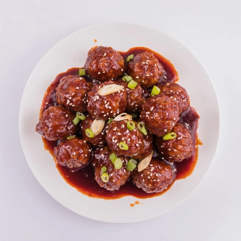 Party platter of Easy Sweet and Sour Crock Pot Meatballs with toothpicks, garnished with sesame seeds on a white serving dish.