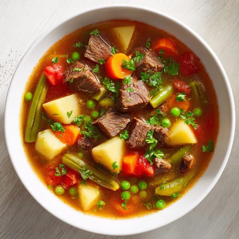 Steaming bowl of beef and vegetable soup featuring carrots, potatoes, and peas, served alongside crusty bread on a wooden table.