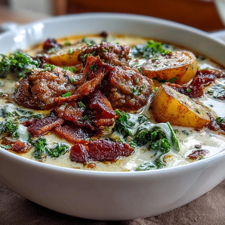 Close-up of Italian Sausage Soup featuring savory sausage crumbles, translucent onions, soft potatoes, and wilted kale in rich, creamy broth.