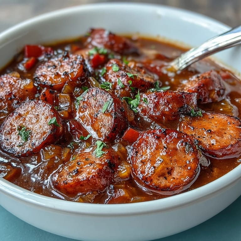 Crock Pot BBQ Cocktail Sausage Soup simmering in a slow cooker with a tangy BBQ and apricot jam broth and sausage slices.  