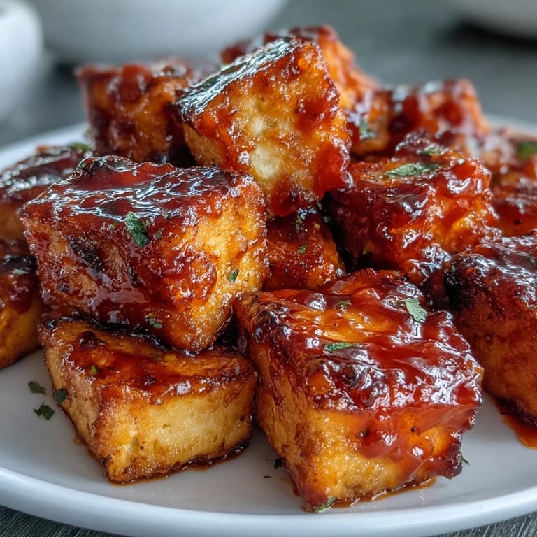 Hearty vegetarian dinner featuring golden tofu in tangy buffalo sauce, layered on fresh romaine and creamy Caesar dressing.