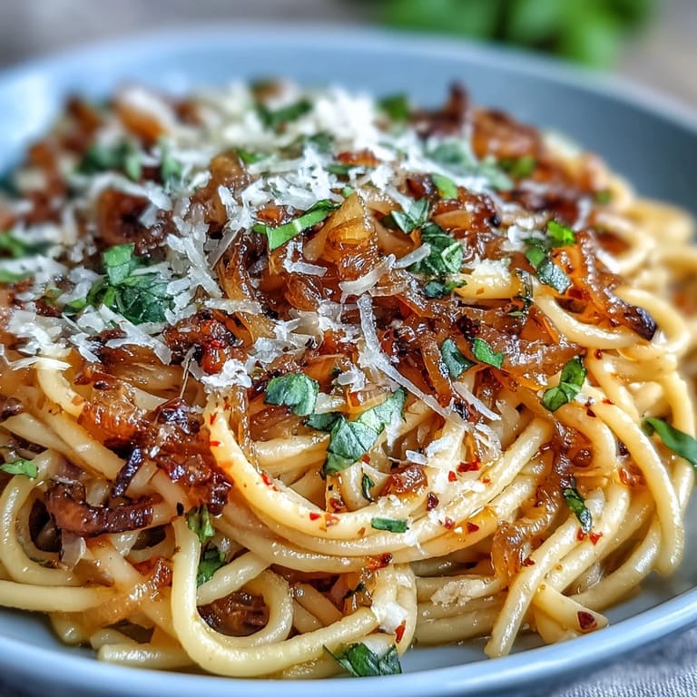 Forkful of Caramelized Onion Pasta with Chili Oil, showcasing glossy noodles and deep golden onions with a drizzle of chili oil.