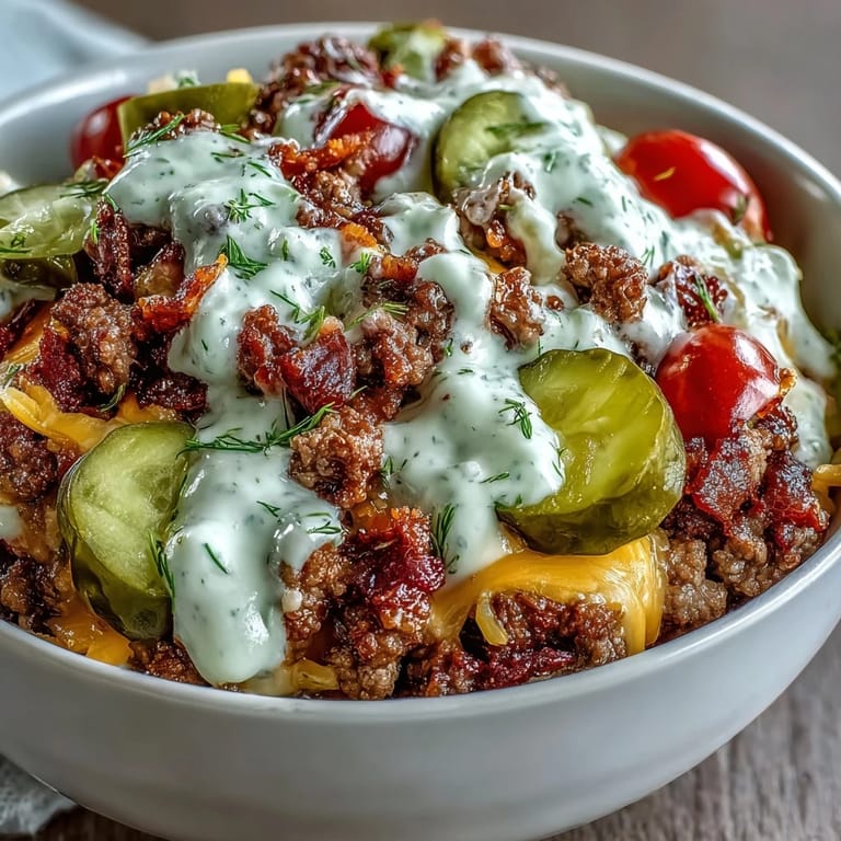 Meal prep High-Protein Cheeseburger Bowls in a glass container, featuring layers of ground beef, veggies, and melted cheddar for a quick low-carb lunch.