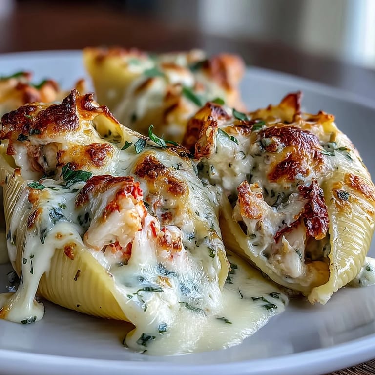 Close-up of Creamy Seafood Stuffed Shells revealing creamy lobster and crab filling inside tender pasta shells, garnished with fresh herbs.