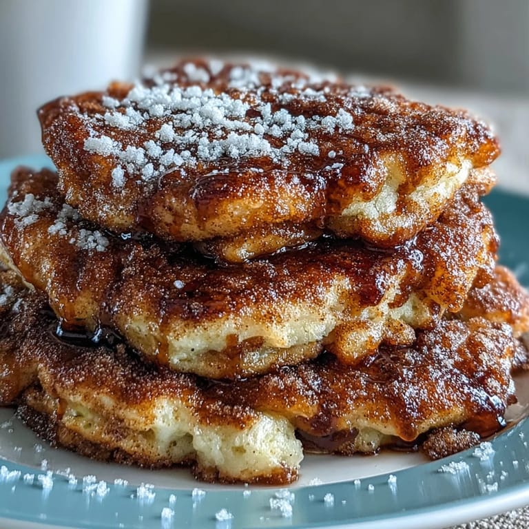 A close-up of fluffy Spanish churro-inspired pancakes with crispy edges, served warm with a drizzle of rich chocolate sauce.