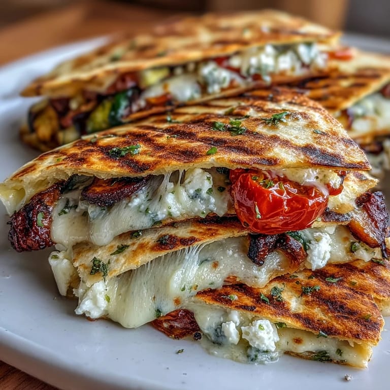 Sizzling whole wheat tortilla with charred Mediterranean veggies and gooey cheese, ready for dipping.