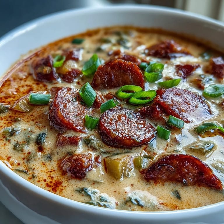 Close-up of Creamy Cajun Potato Soup with Andouille Sausage, featuring tender potato chunks and creamy broth in a rustic bowl.  
