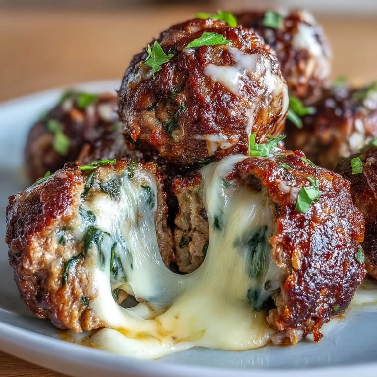 Homemade spinach garlic meatballs with vibrant green spinach and herbs on a plate.