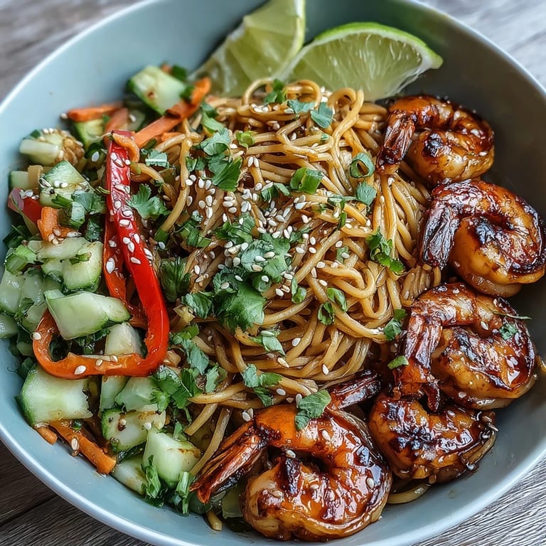 Colorful 15-Minute Asian Noodle Bowl showcasing savory grilled shrimp over sesame noodles.