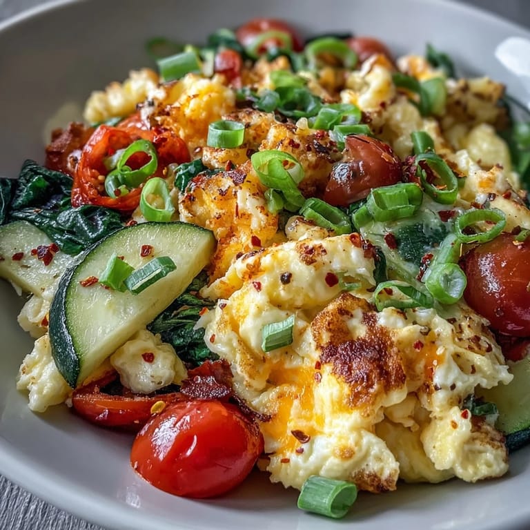 Melted cheese blankets a colorful scramble egg and veggie bowl, a perfect breakfast.