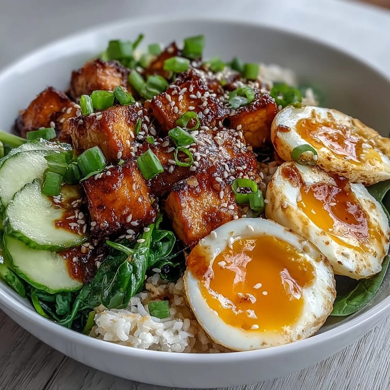 Enjoying a Tofu Jammy Egg Breakfast Bowl, drizzled with zesty ginger scallion sauce.