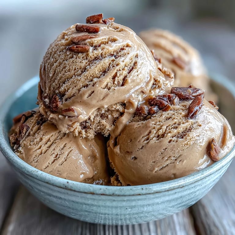 A scoop of Hojicha Ice Cream on a chilled plate, revealing its smooth texture and warm roasted green tea aroma.
