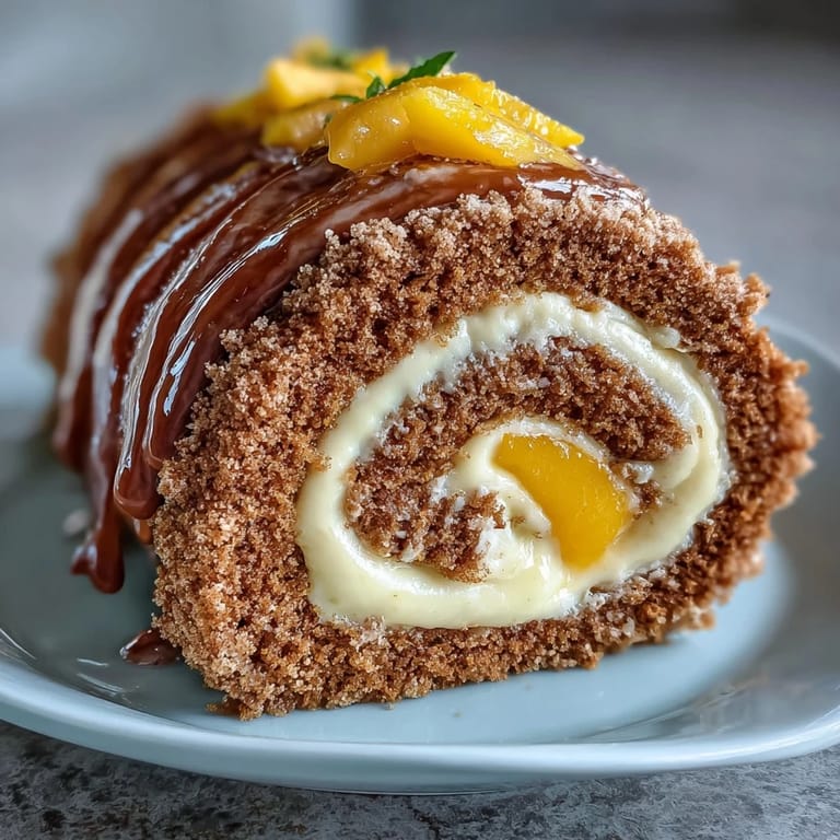 Overhead view of a Hojicha Roll Cake, dusted with powder and served with iced tea for a cozy dessert.