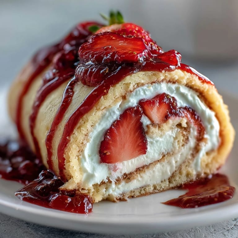 Neat pinwheels of Strawberry Shortcake Sushi Roll are drizzled with white chocolate and mint.