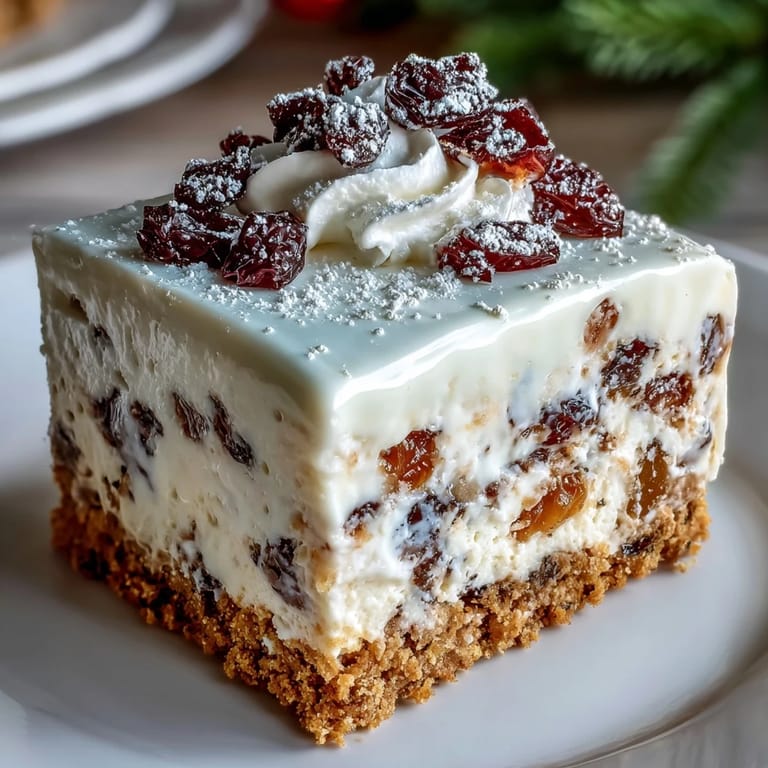 Festive Christmas Cheesecake Slab served on a holiday dessert platter, garnished with whipped cream and cinnamon dust.