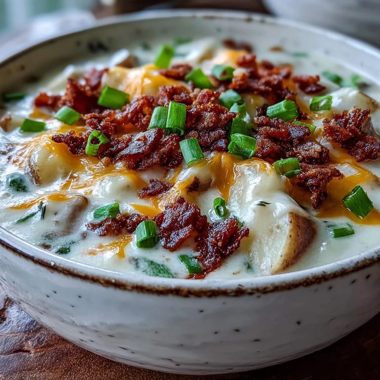 Hearty Loaded Potato Soup in a rustic mug, featuring smooth texture and savory bacon crumbles.