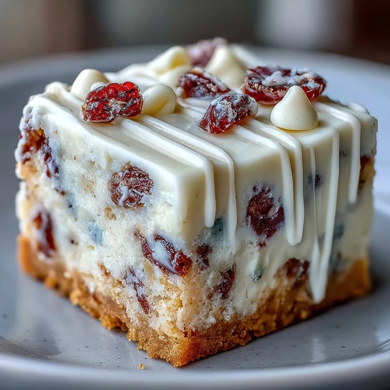 Cranberry Bliss Bars arranged on a platter, perfect for holiday gatherings, with vibrant cranberry garnish and rich chocolate drizzle.
