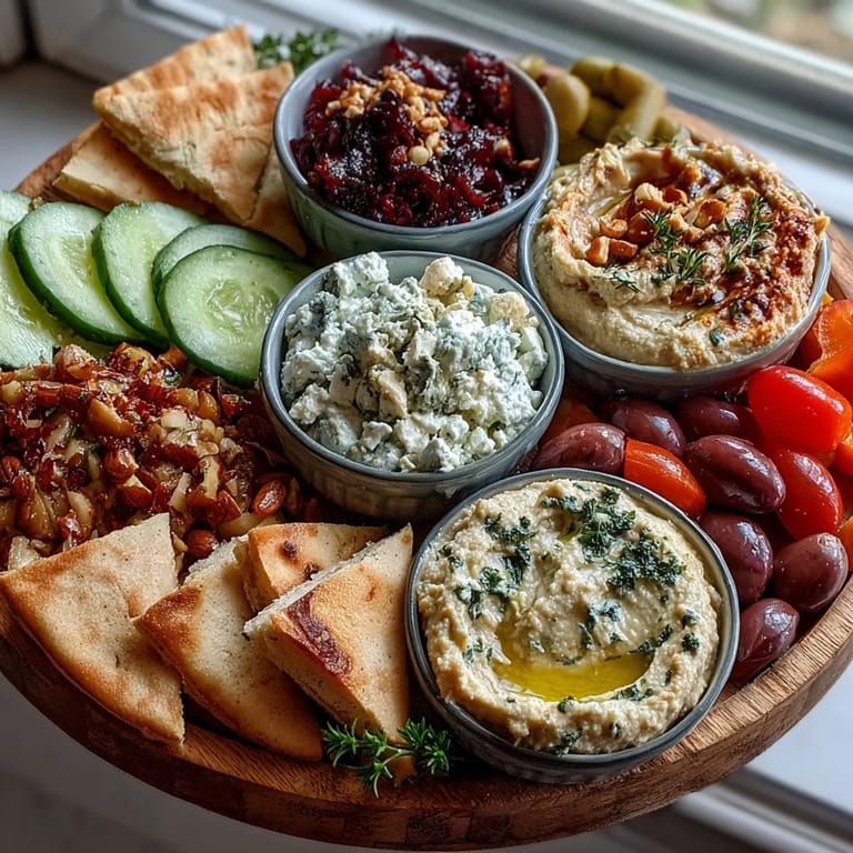 Colorful Mediterranean brunch board with creamy dips, crumbled feta, olives, and crisp flatbreads arranged on a rustic wooden board.