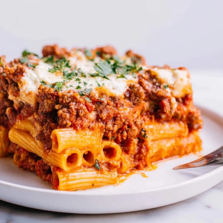 Hearty Baked Ziti with Meat Sauce, topped with gooey mozzarella and fresh parsley.  