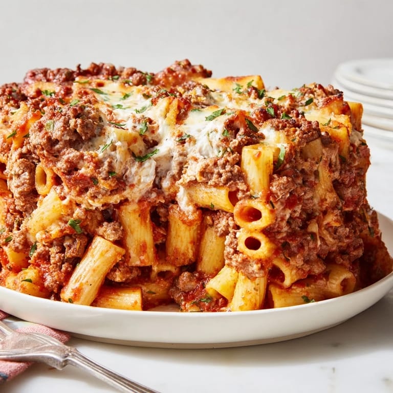 Rich Baked Ziti with Meat Sauce, perfect for cozy family dinners or gatherings.