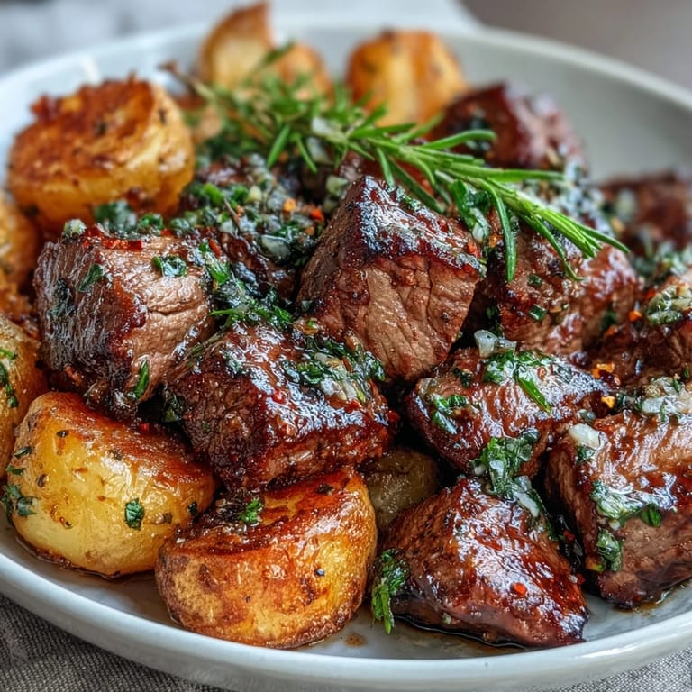 A close-up of Garlic Butter Steak & Potato Skillet shows tender beef cubes and herbs glistening in a savory buttery coating.