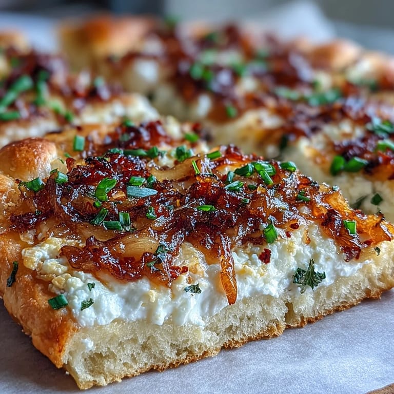 Appetizer-sized Goat Cheese & Caramelized Onion Flatbread baked until crisp, garnished with chili flakes and fresh herbs on a marble counter.