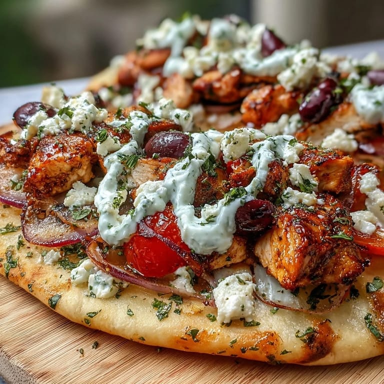 A golden, crispy-edged naan crust loaded with seasoned chicken, creamy feta, and thin red onion slices, finished with a drizzle.