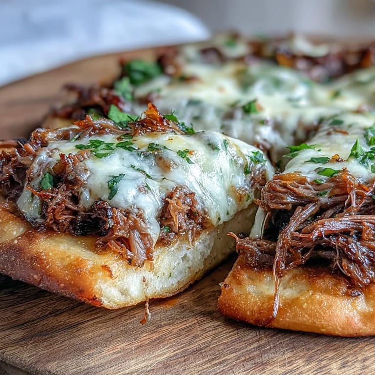 Golden, melty provolone and mozzarella cheese bubbling over tender shredded beef on warm garlic naan bread.