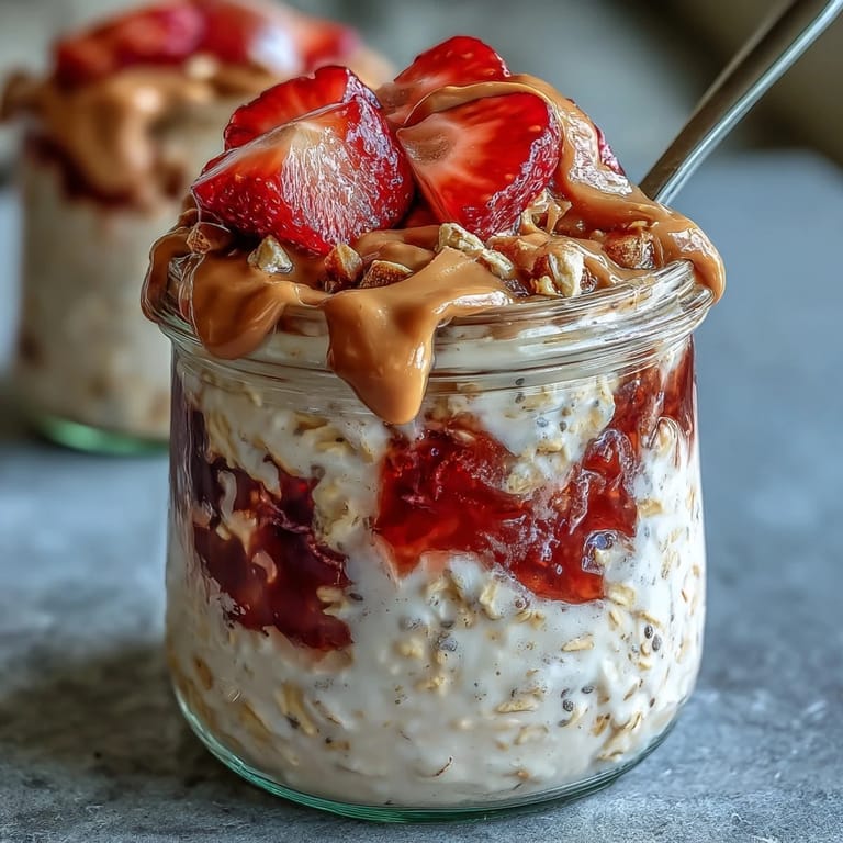 Glossy jar of high-protein peanut butter & jelly overnight oats with Greek yogurt, rolled oats, and a spoon resting nearby, ready to enjoy at a sunny breakfast table.