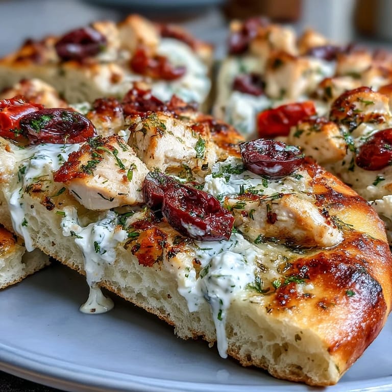 A close-up of bubbling Lemon Feta Chicken Naan Pizza on a rustic board, featuring fresh dill garnish and lemon wedges for a bright Mediterranean finish.