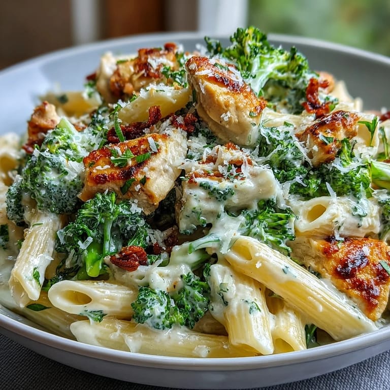 A skillet of Garlic Parmesan Broccoli & Chicken Pasta with tender broccoli florets and melted cheese.