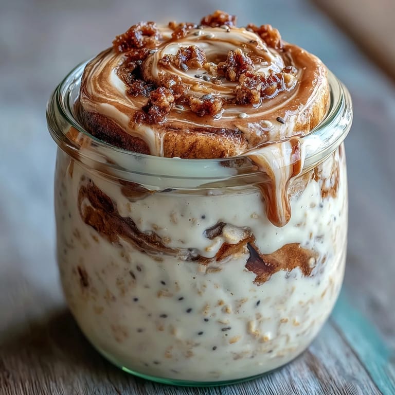 A bowl of High-Protein Cinnamon Roll Overnight Oats topped with a thick swirl of sweet vanilla glaze, ready to eat cold.