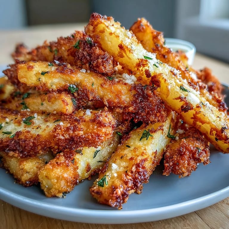 Perfectly cooked Crispy Baked Chicken Parmesan Fries stacked high, showcasing a crunchy Parmesan and herb breadcrumb coating.