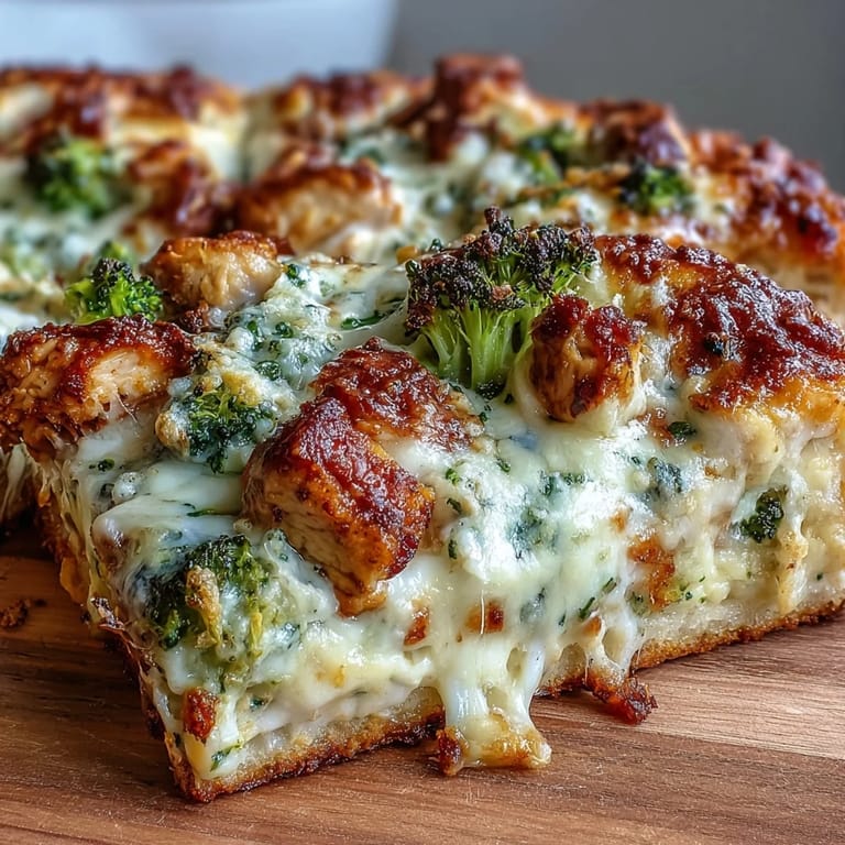 A slice of Garlic Parmesan Chicken & Broccoli Pizza reveals creamy white sauce and tender chicken.