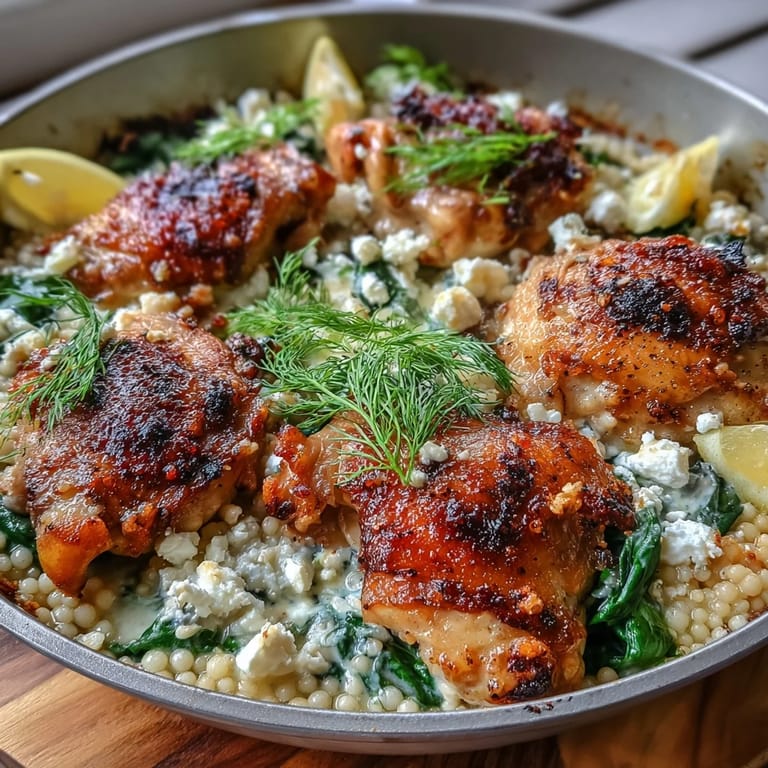 Overhead view of a savory one-pan Mediterranean dinner featuring juicy chicken, pearl couscous, spinach, and melted feta cheese.
