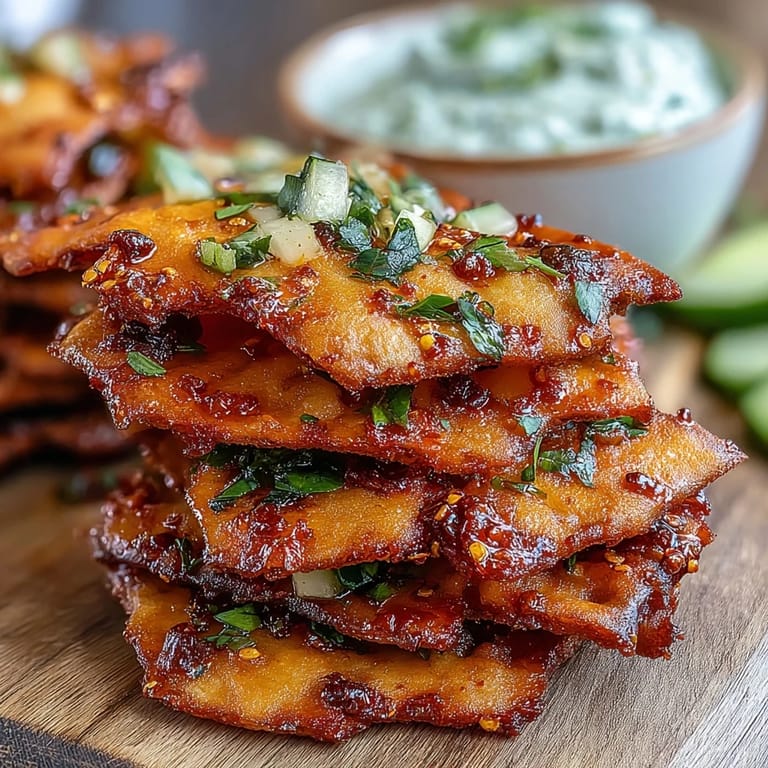 Fork holding a crunchy Spicy Chili Crisp Garlic Naan Chip dipped into the cool, creamy Asian cucumber appetizer.
