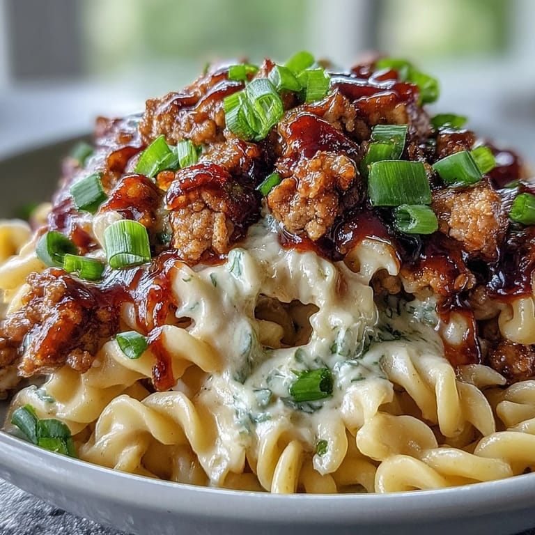 Freshly sliced scallions and toasted sesame seeds garnish this savory Korean-Style Turkey Mac & Cheese, highlighting the creamy texture.