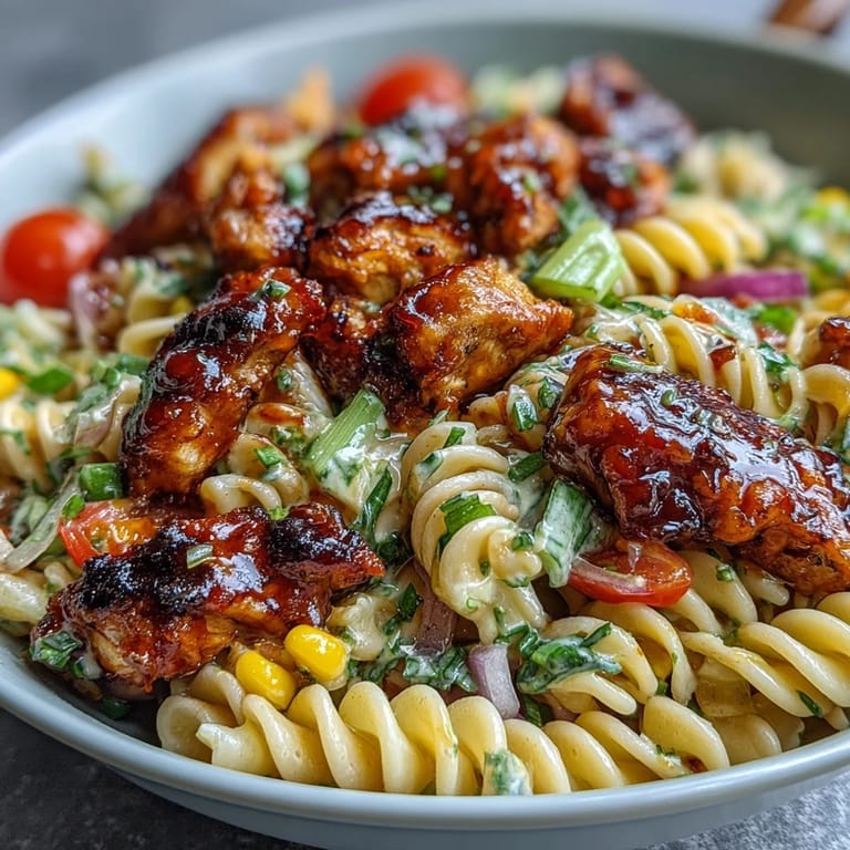 Savory Honey BBQ Chicken Pasta Salad with creamy dressing, crisp red bell peppers, and sweet corn kernels.