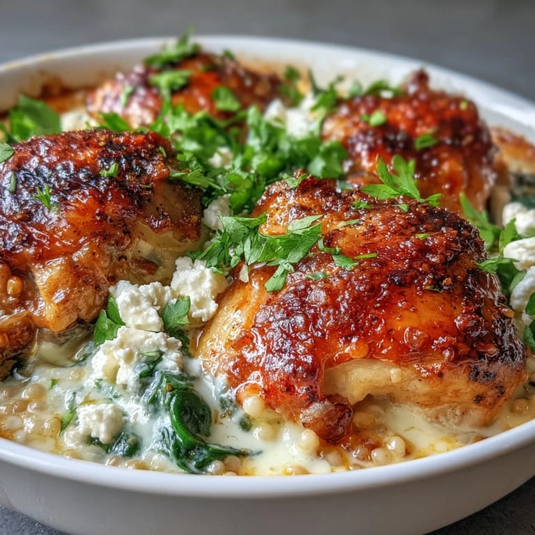 Plated Creamy Greek Chicken & Pearl Couscous Bake garnished with fresh dill and lemon wedges, served alongside a crisp Greek salad.