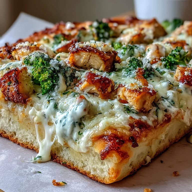 Slice of Garlic Parmesan Chicken & Broccoli Pizza being lifted, revealing creamy white sauce and tender chicken pieces.