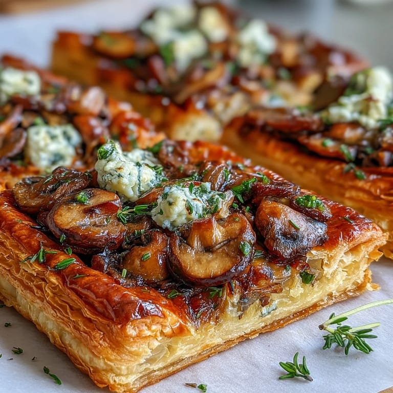 Close-up of a slice of Wild Mushroom Tart revealing layers of crisp pastry, savory mushrooms, and tangy goat cheese.