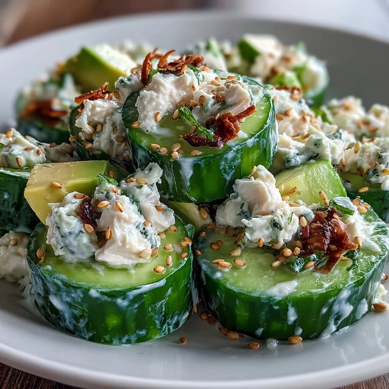 California Roll Cucumber Salad tossed in creamy dressing, topped with sesame seeds and chopped scallions.