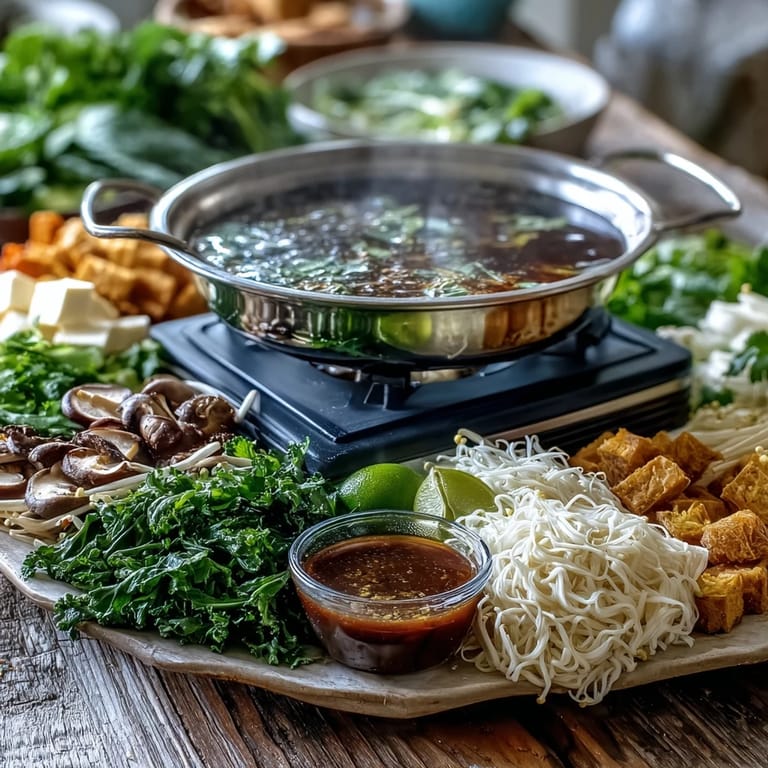 Family-style Asian Hot Pot setup with raw shrimp, rice noodles, and dipping sauces, perfect for interactive gatherings and cozy weeknight dinners.