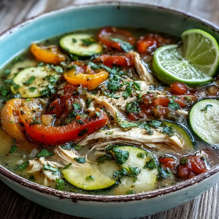 Close-up of hearty Skinny One-Pot Chicken Fajita Soup with tender chicken and vibrant vegetables.