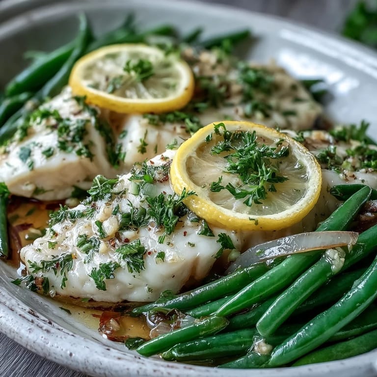 Easy 300-Calorie Lemon Garlic Tilapia Packets with Green Beans served open-faced with bright, zesty aromatics.