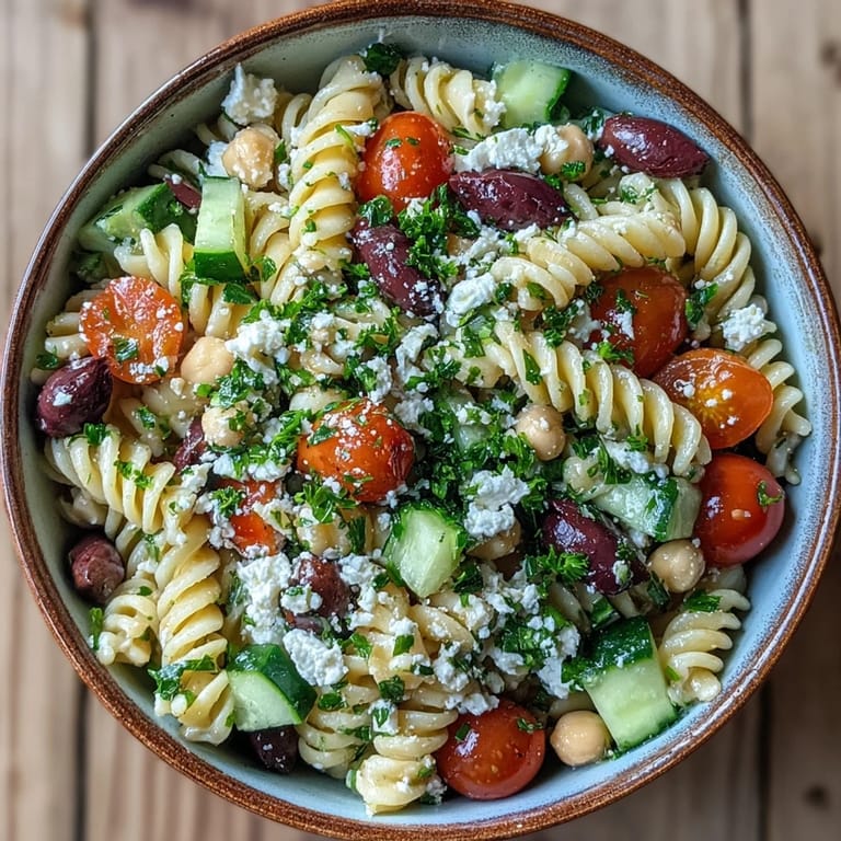 Close-up of Mediterranean Chickpea Pasta Salad with Cucumber and Olives tossed in a zesty lemon-herb vinaigrette.
