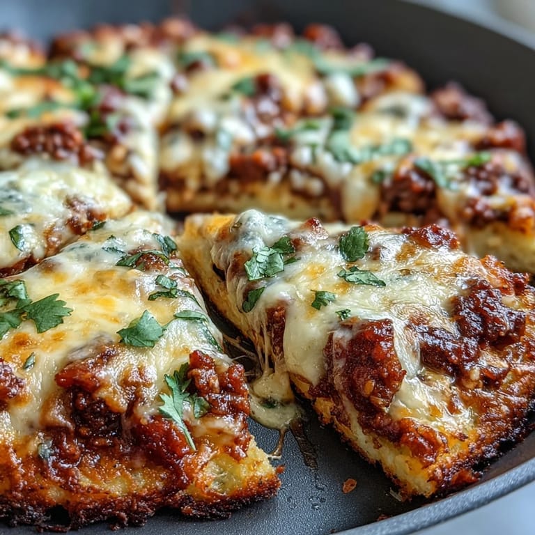 Close-up of Cheesy Cauliflower Crust Taco Skillet showing bubbly cheese, taco meat, and fresh tomato garnish.