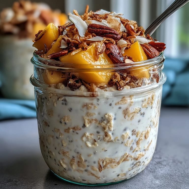 Hand mashing fresh mango with lime juice for a chunky swirl layered inside a jar of Mango Chia Overnight Oats.