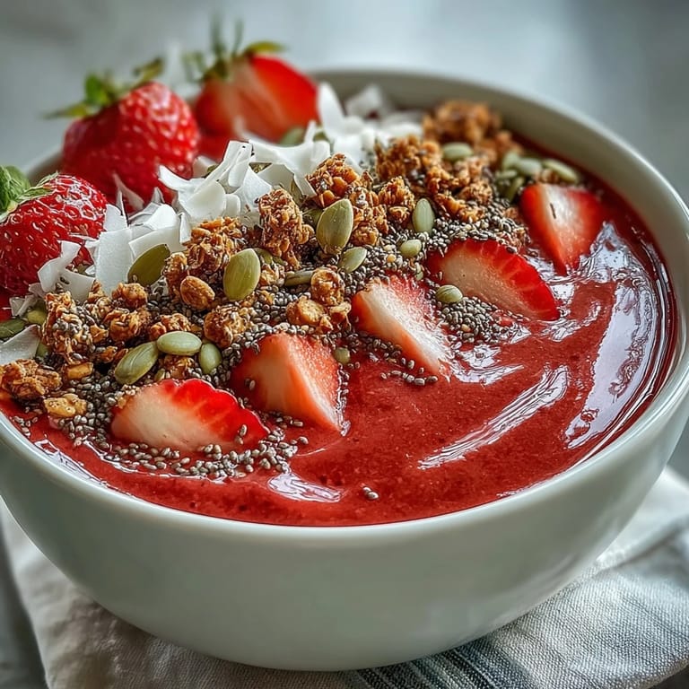 Vibrant, chilled Strawberry Protein Smoothie Bowl in a white bowl, layered with sliced strawberries and chia seeds for a nutritious breakfast.