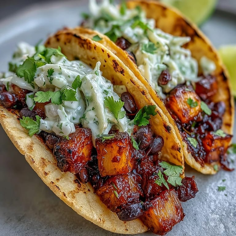 Colorful vegan tacos filled with caramelized pineapple and black beans served on golden corn tortillas.
